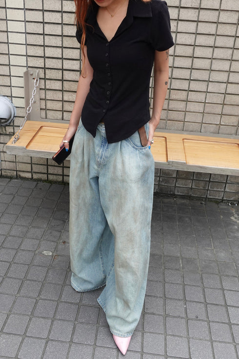 リネン混ハーフスリーブトップス